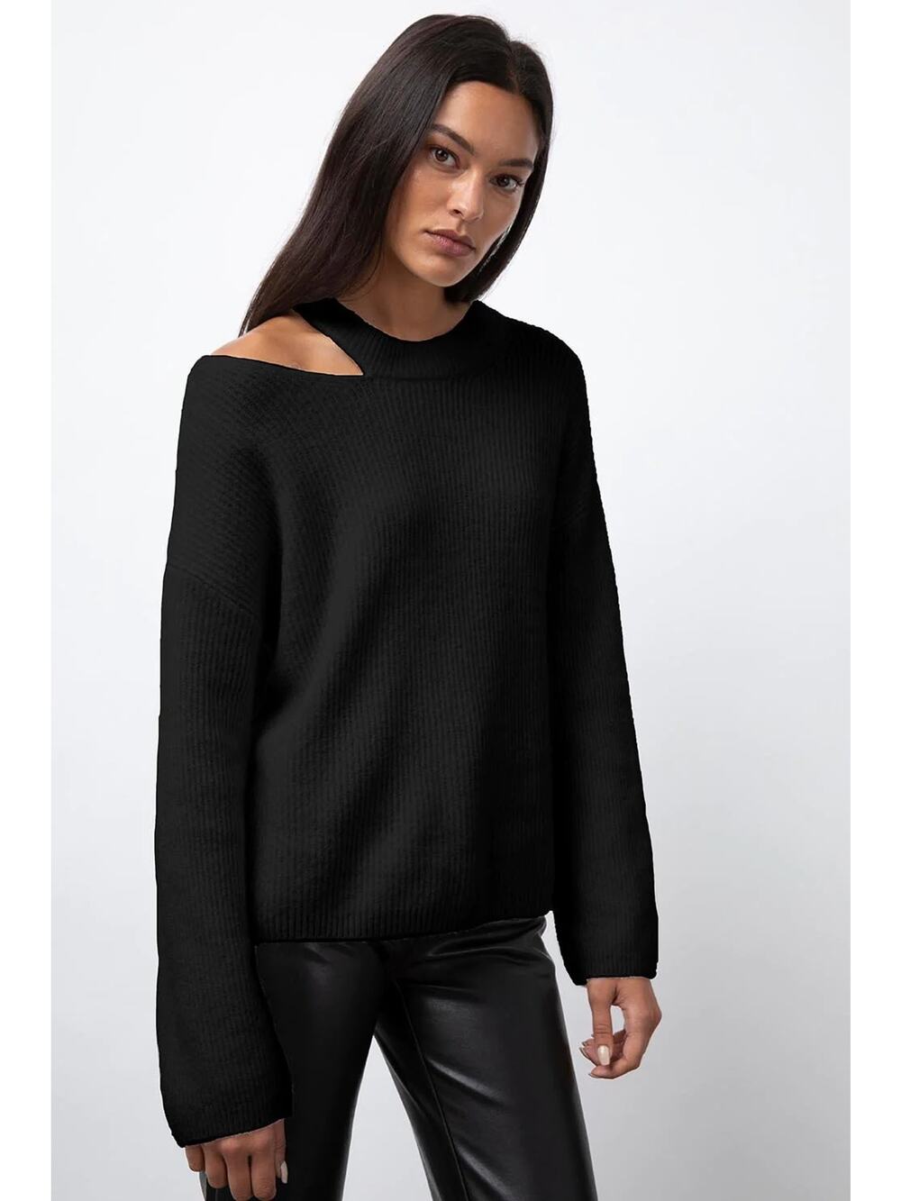 Rails Alexi Cutout Wool Blend Ribbed Knit Crew Neck Sweater Black Medium NWT